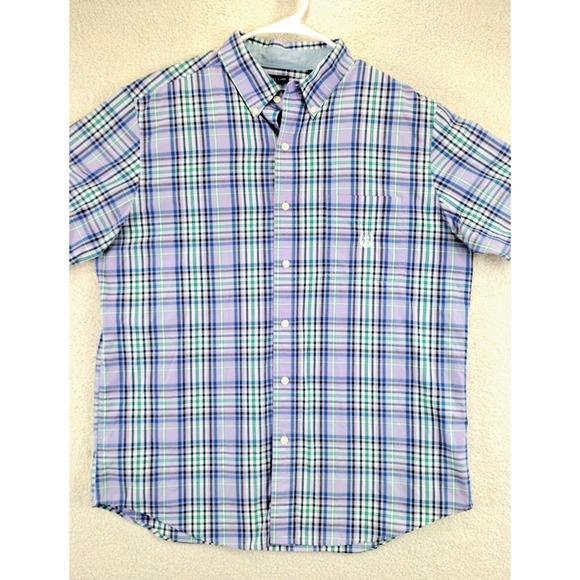 CHAPS Mens Plaid Short Sleeve Button Down Shirt Cotton Polyester Blend Size L - Picture 10 of 15